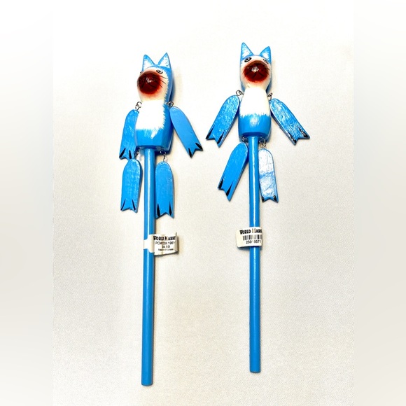 World Market Blue & Bardo Wooden Cats Ornaments Decor Toy Set of 2 - Picture 1 of 5